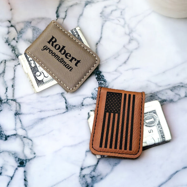 Engraved Faux Leather Money Clip